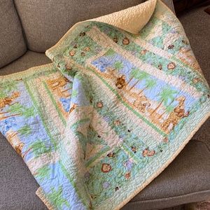 Vintage Handmade Zoo Animals Baby Quilt 46x30 Yellow-Green
